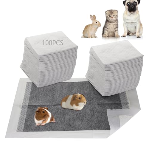 Guinea Pig Pee Pads, Disposable Rabbit Cage Liners, Charcoal Odor Controlling Absorbent Waterproof Pee Pads for Hamster, Bunny, Ferret, Chinchilla and Other Small Animals (18" x 13", 100 PCS) - size: 17.7" x 12.9" - 100PCS