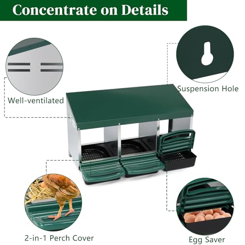 Outvita Chicken Nesting Boxes, 3 Compartments for Chicken Coop, Green | Chicken Egg Laying Box, Nesting Boxes for Chickens with Swing Perch and Roll Away Egg Collection - color: Green, size: 31.9"L x 20.5"W x 18.5"H