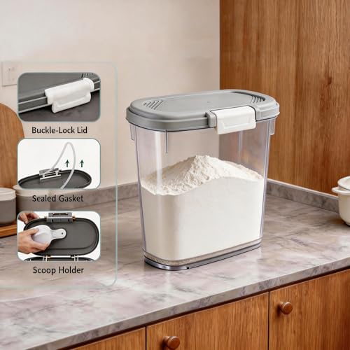 Rice Storage Container 15-20 Lbs, Tall Flour Bin Container with Scoop, Cup | Slim Dry Food Container Storage Bin for Cereal, Sugar, Beans, Pet, Dog, Cat Food, Kitchen and Pantry Storage Organization - color: Gray White