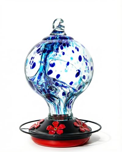 Hummingbird Feeder for Outdoors Hanging, 34 Oz, Handcrafted Gift Inner Glass Décor for Bird Garden Lover, Ant Moat & Bee-Resistant Ports, Hook & Brush Included, Ocean Blue - color: Ocean Blue