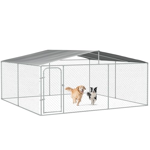 PawHut Outdoor Dog Kennel Heavy Duty Fence for Large Breeds 15' x 15' x 7' | Dog Run Outdoor Fence, Waterproof Cover, Galvanized Chain Link, Secure Lock, for Chickens, Ducks - size: 181.0"L x 181.0"W x 91.3"H