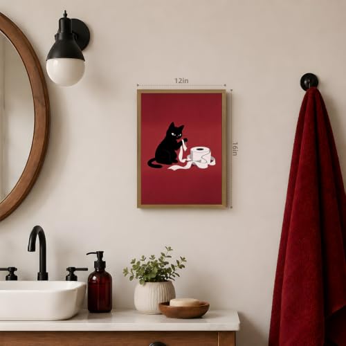 GELDSTEI Wood Framed Vintage Black Cat Funny Bathroom Wall Art 12x16 in | Playful Toilet Paper Black Cat Wall Decor, Humorous Bathroom Art Print, Unique Gift for Cat Lovers and Pet Owners - color: Cat, size: 16"L x 12"W