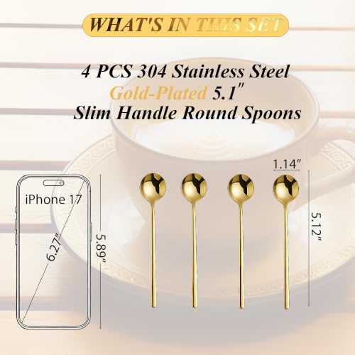 Long-handled Mirror-Finish Small Round Stainless Steel Spoon, Suitable for Scooping Bird's Nest, Honey, Coffee, Milk Powder, Sugar, Cocoa Powder and Other Foods & Desserts (4pcs 5.1", Gold-Plated) - size: 5.1in, style: 4Pcs Gold-Plated