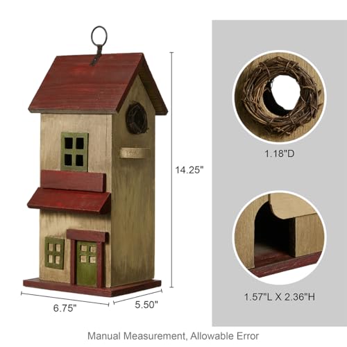 Glitzhome Birdhouses for Outdoors, Rustic 14.25" H Large Bird Houses for Outside, Distressed Painted Bird House Solid Wood Cottage Decorative Hanging Birdhouse for Outdoor Patio Garden,Washed Yellow - color: 14.25"H