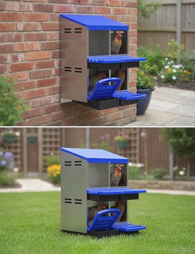 GarveeLife Chicken Nesting Box 4 Hole, Galvanized Steel Nest with Roll Away Egg Collection & Swing Perch, Easy-Clean Laying Box for Hens, Heavy Duty Design for Chicken Coop - color: Blue, size: 4 holes 2 layers