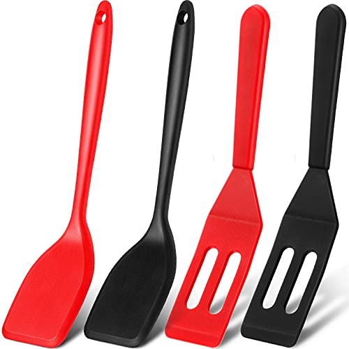 Patelai Mini Silicone Brownie Serving Spatula Flexible Nonstick Serve Turner Heat Resistant Cookie Slotted Spatula for Eggs in Small Frying Pan Cookie Batter Lemon Baked(Black, Red,4 Pieces) - color: Black, Red