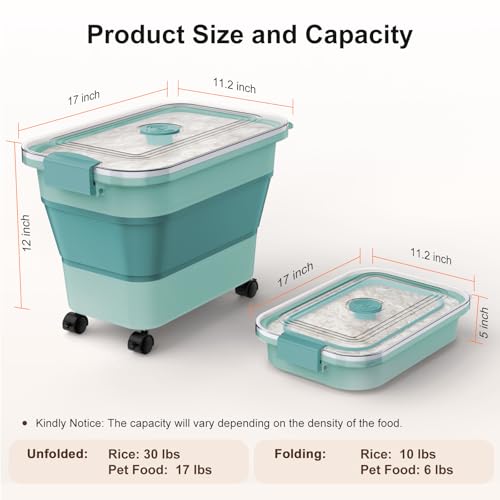 Rice Storage Container, Collapsible Airtight Food Storage Containers 20-30lbs with Clear Lid and Wheels, Rice Dispenser with Scoop for Flour Cereal Pasta Grain, Cat Pet Bird Dog Food Storage Container - size: 15-30 Lbs