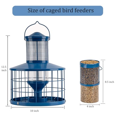 Caged Bird Feeders Squirrel-Proof, Metal, 2.8 Lbs Capacity-Cage Tube Seed Feeders with Tray Outdoor Hanging, Attract Birds,Detachable Cleaning, Starling Proof Wild Bird Feeder（Blue） - color: Blue