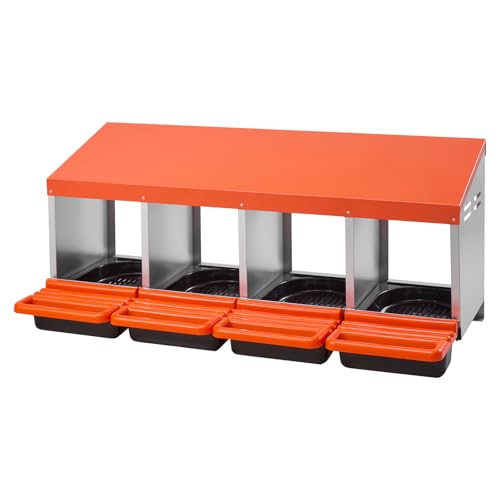 VEVOR Chicken Nesting Boxes, 4 Compartments, Metal Egg Laying Boxes with Protective Collection Lids, Roll Out Nesting Box, Easy to Assemble, Ideal for Hens, Ducks, Chickens, and Other Poultry, Orange - size: 41.7"L x 20.6"W x 18.7"H