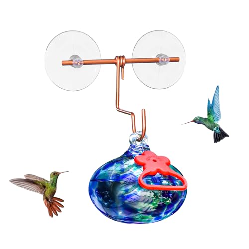 Pozfun Window Hummingbird Feeder with Suction Cups,Hand-Blown Glass Hummingbird Feeders for Outdoors Window Mounted with Metal Hook,Close Bird Watching,Finch in Garden,Yard(Dotted Blue) - color: Dotted Blue
