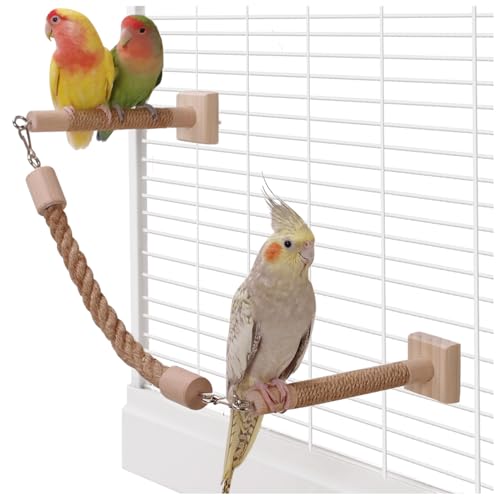 La La Pet Bird Rope Perches for Cage Natural Wood Standing Perch Hanging Bridge and Swing Interactive Birds Toys for Conures Budgies Parakeets Cockatiels Lovebirds 2-Set