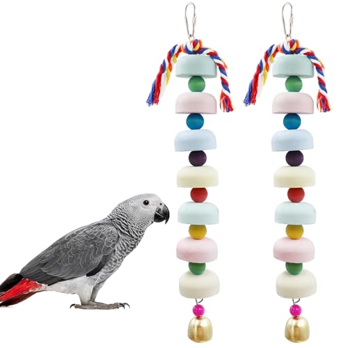 Mineral Chew Toy 2-Pack – Colorful Beaded Bird Toys with Bells | Beak Grinding & Foraging Enrichment for African Grey, Amazon Parrots, Budgies, Cockatiels, Conures
