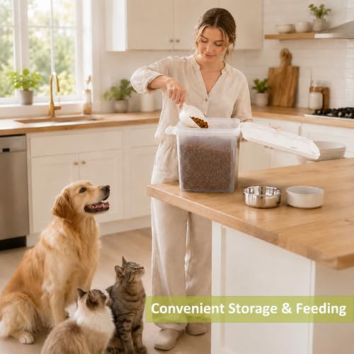 5-10 Lbs Airtight Cat Dog Food Storage Container, 8QT Compact Pet Food Bin | Plastic Food Container with Buckle-Lock Lid & Scoop for Dog, Cat, Bird Seed, Pet Food, Chicken, Dry Food, Rice, Cereal, Flour - color: Bright White