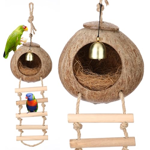 Briwooody Coconut Shell Bird Nest House Breeding Bed Nestingand Anti-Pecking Bite with Natural Coir Fiber Bird Nest Toy Bell for Parrot Budgie Parakeet Cockatiel Conure Lovebird Canary Finch(Classic) - style: Classic