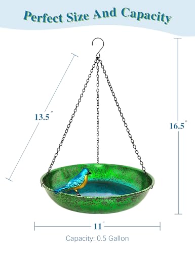 Hanging Bird Bath for Outside, 11” Metallic Green & Blue Metal Birdbath Bowl & Feeder with Black Chain Outdoor Garden Yard Decor (0.5 Gallon) - color: Metallic Green & Blue