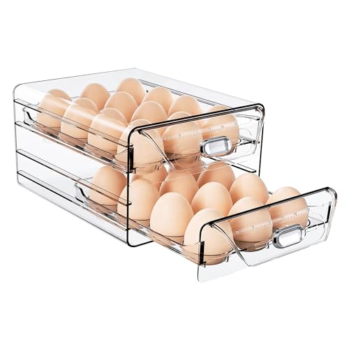 HIYOHIYO 2-Tier Clear 24 Grid Egg Container for Refrigerator, With Drawers | Large Capacity, with Time Scale Marking, Stackable, Sturdy Eggs Storage for Fridge and Countertop - size: 24 Grids-2 Layer