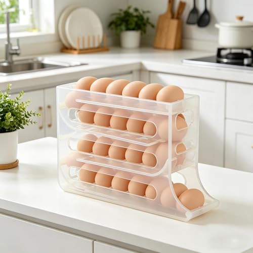 4 Tier Egg Roller Dispenser, Automatic Rolling Egg Holder, 28 Egg Capacity | Gravity-Fed Rolling System, Smooth Egg Dispensing, Transparent Design, Easy Refill, Stable Placement - color: 75% Clear