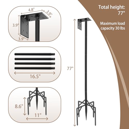 77" Heavy Duty Bird Feeder Pole, Metal Bird House Pole Mount Kit | 5-Prong base for outdoor ground stability, 2 mounting plates for smart bird feeder, rustproof metal post for garden yard - size: 77 Inch-No Baffle