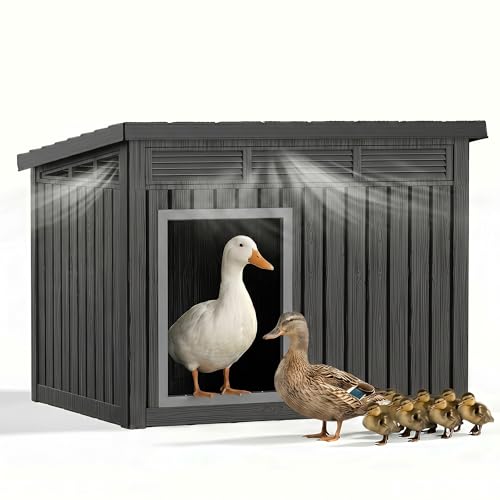 VIXZEN Chicken Coop, Resin PP Material Outdoor Duck House, Wood Grain Finish Sloped Roof Poultry Shelter, Gas Strut Top Opening Ventilated Duck Coop with Spacious Interior & Easy Assembly，Black - color: Black, size: 32.2"L x 25.1"W x 24.1"H