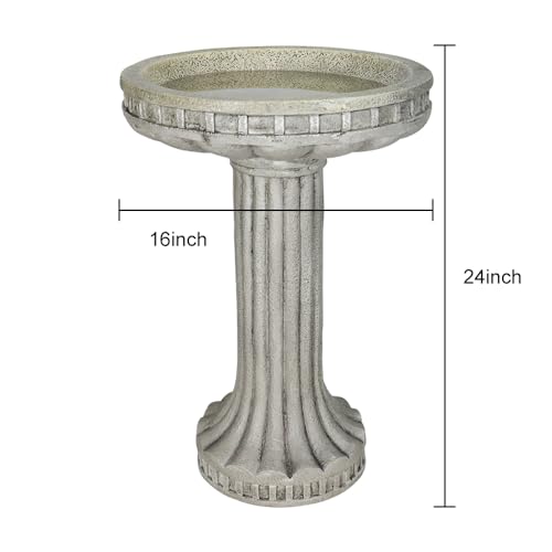 SunJet 24” H x 16” Dia Outdoor Birdbath with Classical Pedestal - Fibre Reinforced Concrete Birdbaths, Vintage Design for Garden Decor & Bird Attraction - color: Offwhite, size: 24inches