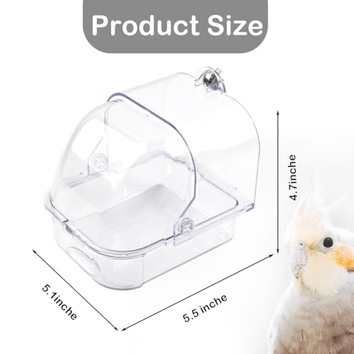 Bird Bath for Cage Transparent Bird Bathtub Hanging Portable Shower Pool No-Leakage with Stainless Steel Hooks for Small Birds Parakeet Canary Budgerigar Parrot Crested