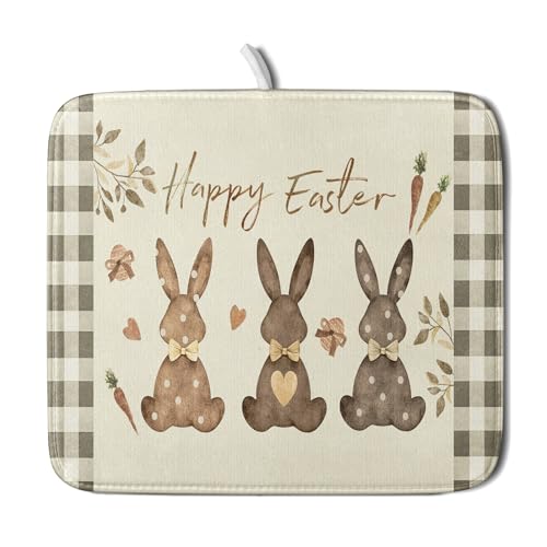 Giwawa Happy Easter Dish Drying Mat for Countertop, 16"x18" Cute Bunny Rabbits Eggs Carrot Dish Drainer Mats, Bufflao Plaids Fast Dry Microfiber Large Dish Drying Pad Kitchen Accessories Decor - size: 18" x 16"