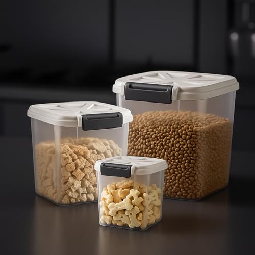 20 lb Stackable Pet Food Storage Containers, 3 Pack | Three stackable airtight bins hold 4, 6, and 10 lb for 20 lb total; includes 3 measuring cups and clear BPA-free bodies. - color: 20LBS-3Pack-White-2