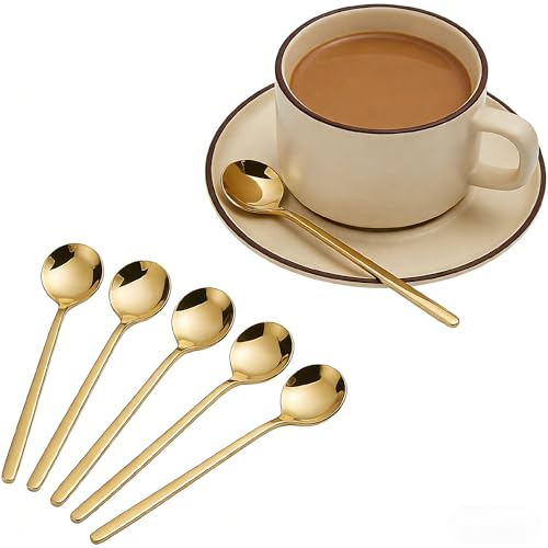 Long-handled Mirror-Finish Small Round Stainless Steel Spoon, Suitable for Scooping Bird's Nest, Honey, Coffee, Milk Powder, Sugar, Cocoa Powder and Other Foods & Desserts (6pcs 5.1", Gold-Plated) - size: 5.1in, style: 6Pcs Gold-Plated
