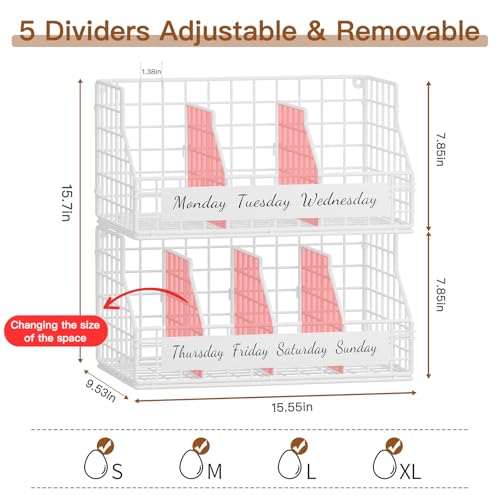 Egg Basket, Stackable Wall Mount Egg Holder Countertop with Weekday Labels | Rustproof carbon steel basket with adjustable dividers, ideal for backyard poultry, small kitchen & pantry storage, 2T White - color: White, size: 2-Tier（with printed labels）