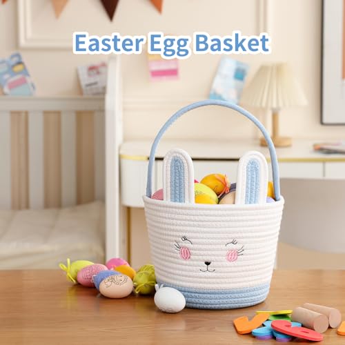 Easter Baskets for Easter Egg with Handle Woven Empty Hunt Boys' Lovely Bunny Rabbit Colorful Woven Basket First Easter Gifts for Boys, Babies, Kids, and Children (Blue) - color: Blue