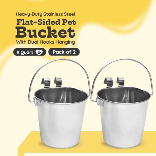 9 Quart Stainless Steel Flat Sided Bucket with Dual Hooks | 2 Pcs Food & Water Bowl for XL Dog Goat Cattle Horse & Livestock | Fits kennel Crate Cages Farm Hanging Pet Pail | Multipurpose - size: 9 Quart (Pack of 2)