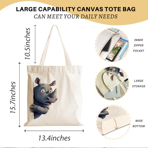 Cartoon Canvas Tote Bag, Gifts for Women Men Birthday Christmas Reusable Tote Shoulder Bag for Grocery Shopping 01 - color: Rhino 477