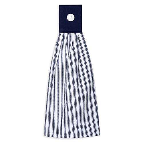 Navy Blue and White Ticking Stripe Hanging Kitchen Dish Hand Towel Cotton with Button Accent, Set of 2 - color: Navy Blue