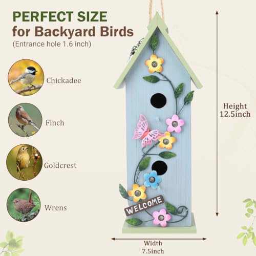 Yinns Hanging Birdhouse, Garden Decorative Wooden Bird House for Outdoor | Hanging Bird Houses for Outdoor, Colorful Flower Two-Tiered for Humming Bird, Bluebird, Wren Nesting - color: E-Two-Tiered Wood
