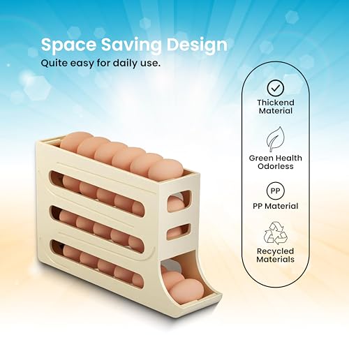ZAYLAN Auto-Rolling Egg Holder for Fridge – 4-Tier Space-Saving Dispenser Holds 28 Eggs, Cream Organizer with FREE Flower Egg Cutter - color: CREAM