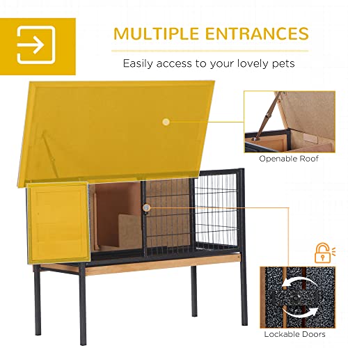 PawHut Rabbit Hutch Elevated Bunny Cage Metal Frame No Leak Tray Natural | Small Animal Habitat, Metal Wire Pan, Openable Water-Resistant Asphalt Roof, for Rabbits Chickens Ducks, Indoor/Outdoor - color: Natural Wood