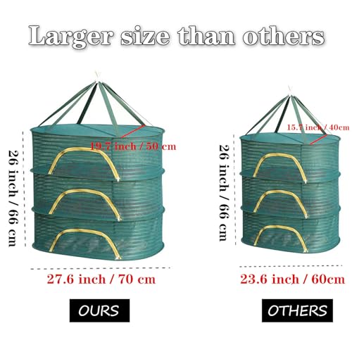 Hanging Drying Net Herb Drying Rack Foldable Fish Mesh Rack Net 19.7"x27.6"x25.5" Large 3 Layer Collapsible Dry Net with Zippers for Drying Fish Plants Vegetables Fruit Herb Flowers Clothes (Green) - color: Green