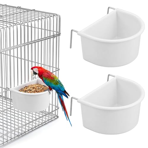 2-Pack Bird Cage Feeder, Plastic Hanging Bird Food Bowl Cups Feeder with Metal Hooks White Food and Water Dispenser Bowl for Small Birds Parakeet Parrots