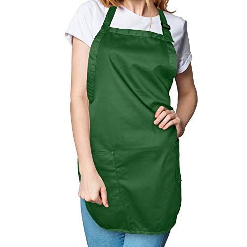 DALIX Apron Commercial Restaurant Home Bib Spun Poly Cotton Kitchen Aprons (2 Pockets) in Dark Green - color: Dark Green