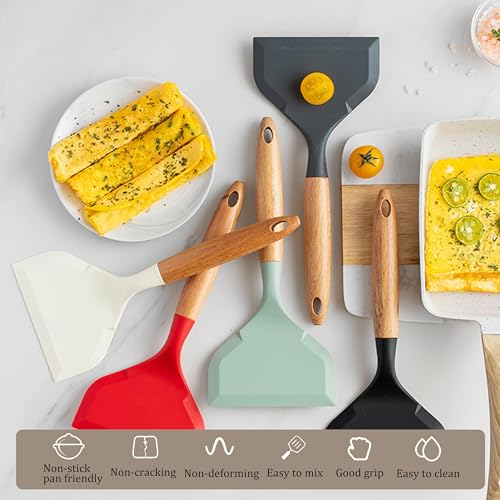 Wide silicone spatula tamagoyaki shovel,Omelette pan turner | for pancakes, eggs, fish, steak and pizza, nonstick cookware, wooden handle (Gray) - color: Gray