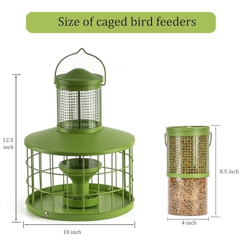 Caged Bird Feeders Squirrel-Proof, Metal, 2.8Lbs Capacity-Cage Tube Seed Feeders with Tray, Hanging Wild Bird Feeders, Attract Birds,Detachable Cleaning, Starling Proof Wild Bird Feeder（Green） - color: Green