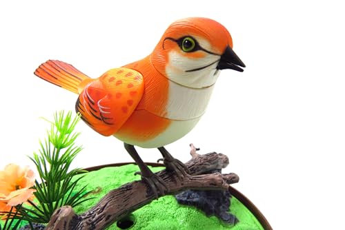 PowerTRC Singing & Chirping Bird in Cage, Realistic Sounds & Movements, Sound Activated, Battery Operated, Great Desk and Room Accessory, Pet Caged Bird Toy (10” x 7”) - color: #4 Orange