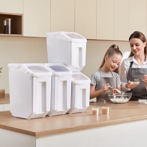 VEVOR Rice Storage Container, 3.5Gal/15Lx2 + 4.5Gal/20Lx2 Large Dog Food Dispenser Bin, Kitchen Ingredient Grain Cereal Bin, Pet food Containers with Wheels, 4 Measuring Cups, Airtight Lid, 4 Pack - size: 4.5 Gallon*2+3.5Gallon*2