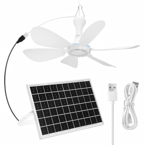 Tujoe Solar Ceiling Fan for Outdoor, 15w USB Portable Ceiling Hanging Fan, Dual Charging Modes & Solar Panel Powered for Chicken Coop, Tent, Greenhouse, Shed, Gazebo