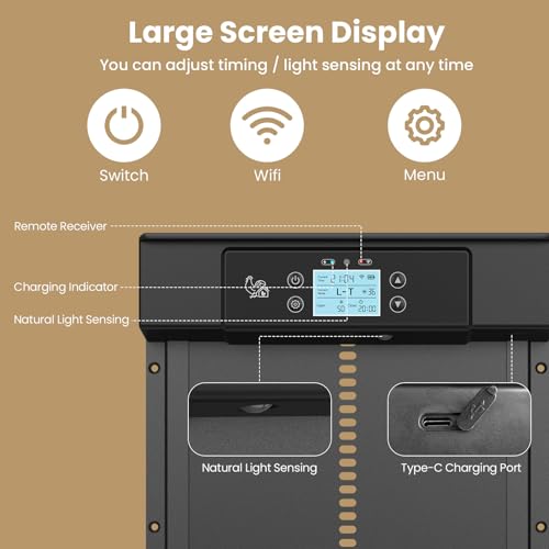 Automatic Chicken Coop Door Solar Powered, Aluminum Alloy Duck Door with LED Display, Timer & Light Sensor, 4 Modes Combo, Smart APP Remote Control Intelligent Pinch Protection - Black