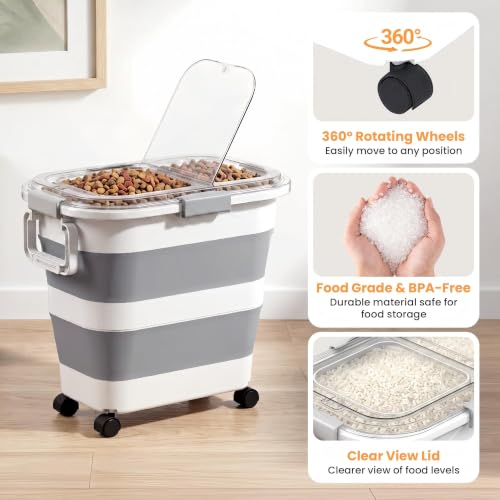30 Lbs Rice Container, Collapsible Dog Food Storage Container | Airtight Cat Food Container with Wheels, Transparent Lid, Measuring Cup, Scoop and Handle, BPA Free for Pet Food, Bird Seed - size: 30lbs