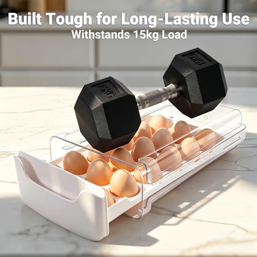 Egg-Holder for Fridge, Fits Small to Large Eggs, White | 18 Egg-Storage for Refrigerator Countertop, 1 Tier Dispenser with Drawer, Stackable Clear Egg Tray Container - size: 1 Tier-White