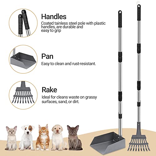 Dog Pooper Scooper, Dog Poop Tray and Rake Set with Long Stainless Handles | Pet Waste Removal Scoop with Adjustable Sectional Handles - color: Silver/Black