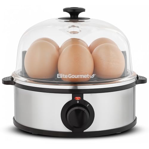 Elite Gourmet EGC724SS Egg Boiler Cooker, 7-Egg Poacher/Omelet Maker, Steel | Cooks soft, medium, or hard-boiled eggs, also scrambles - auto shut-off with buzzer - measuring cup included - BPA-free - color: Stainless Steel, size: 7 Egg