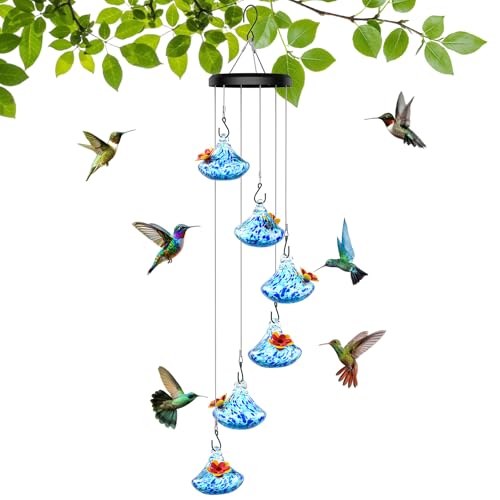 Wind Chime Glass Hummingbird Feeder - 20 Oz Outdoor Hanging Feeder with 6 Ports Attract More Hummingbirds, Leak-Proof Design, Unique Garden Backyard Decor & Ideal Gift, Blue